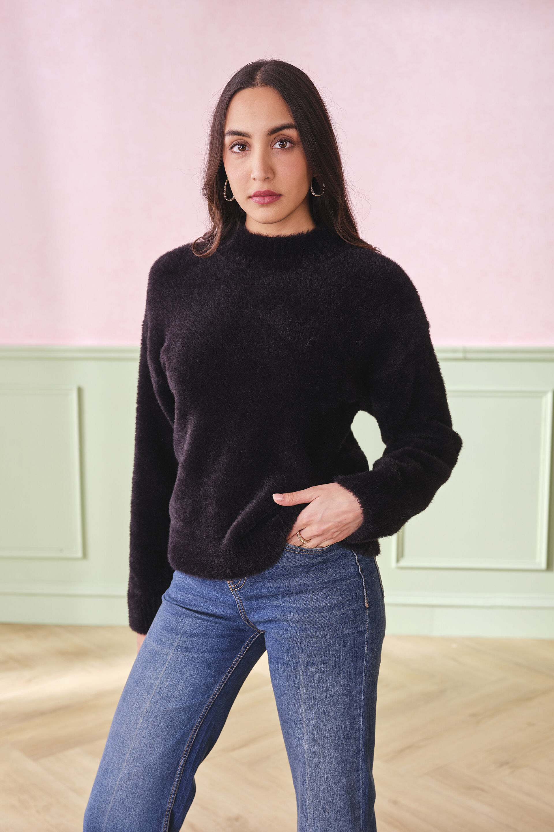 Frosted Plush Black Sweater, Black, image 3